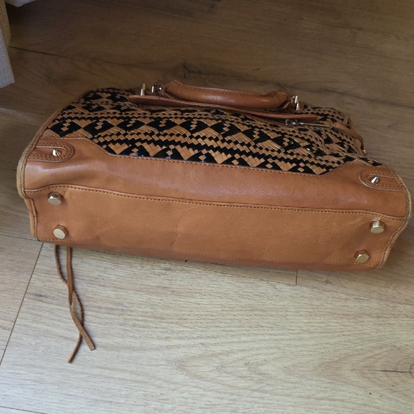 Rebecca Minkoff Buttery Leather Tan and Black Woven Satchel - Picture 7 of 9